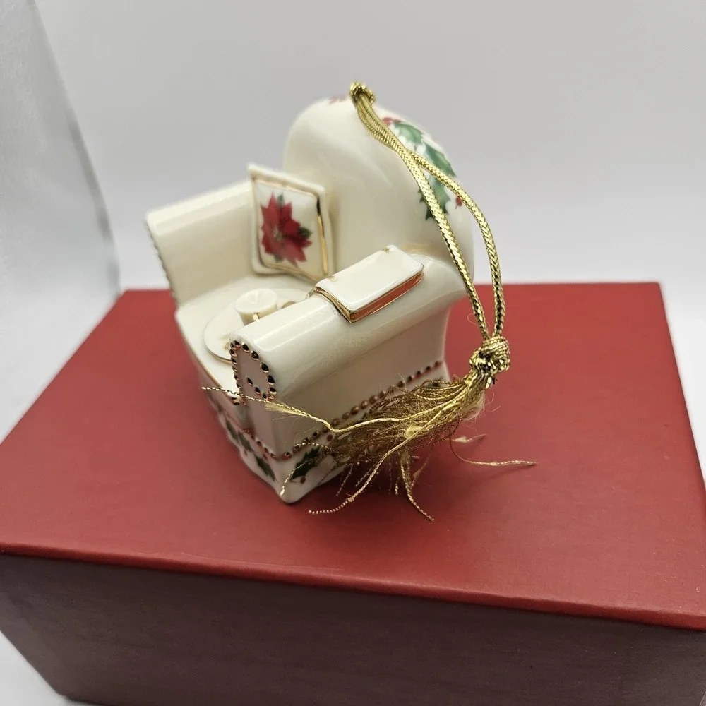 Lenox White & Gold Armchair Christmas Ornament Holly Poinsettia Teacup